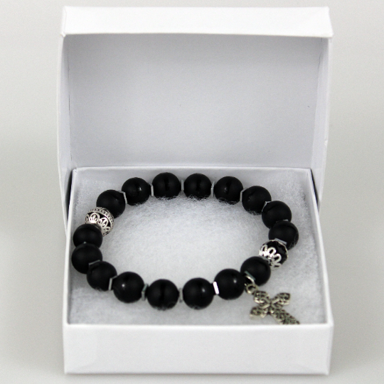 black onyx silver christian cross charm bead bracelet gift box
