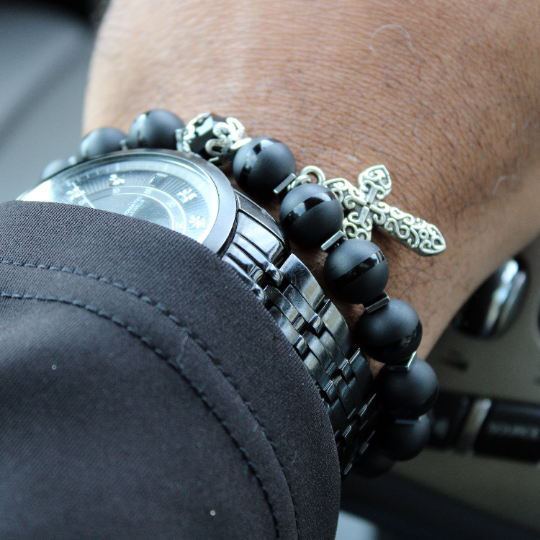 luxury black onyx christian cross bead bracelet