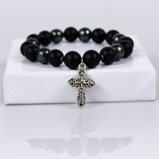 black onyx christian cross salvation bead bracelet
