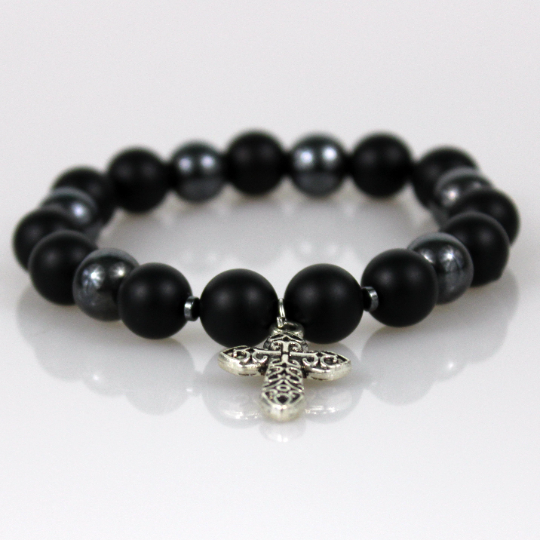 black onyx christian cross religious bead bracelet