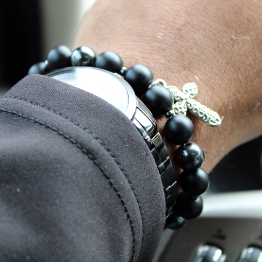 silver crucifix black onyx bead bracelet watch combo
