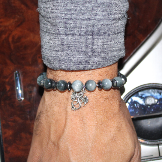 gray silver dragon charm eagle eye bead bracelet