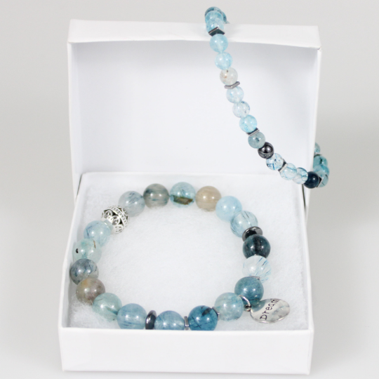blue rutilated quartz dream charm bead bracelet gift box