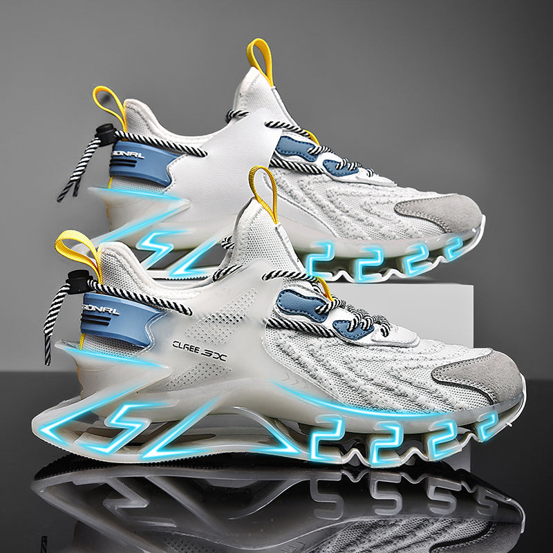 white blue and yellow athletic running shoes