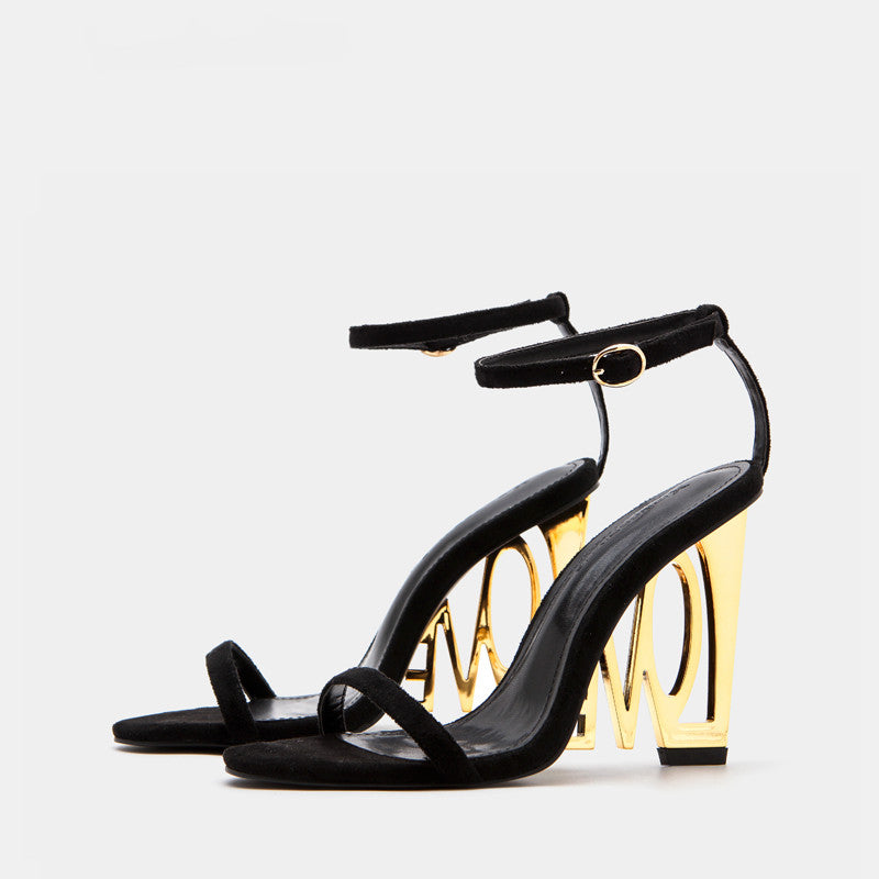 black suede gold love sole heels