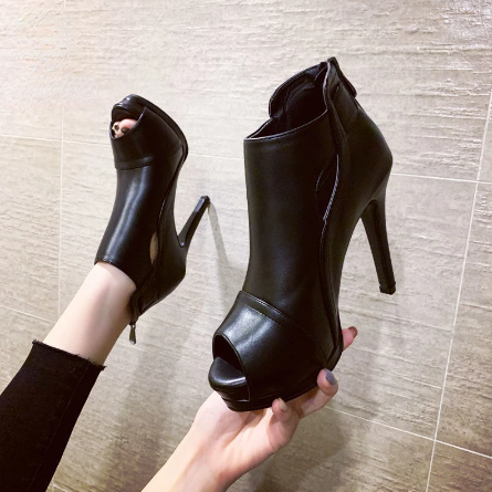 black leather cut out peep toe high heels