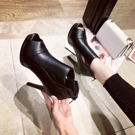 black leather peep toe high heel platforms