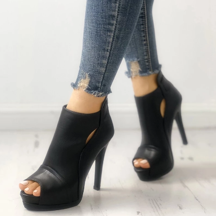 matte black leather peep toe high heels
