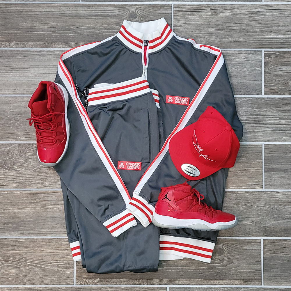 gray & red tracksuit