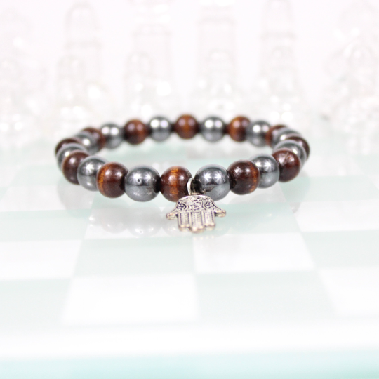 silver hamsa charm hematite brown wood cats eye bead bracelet chess board