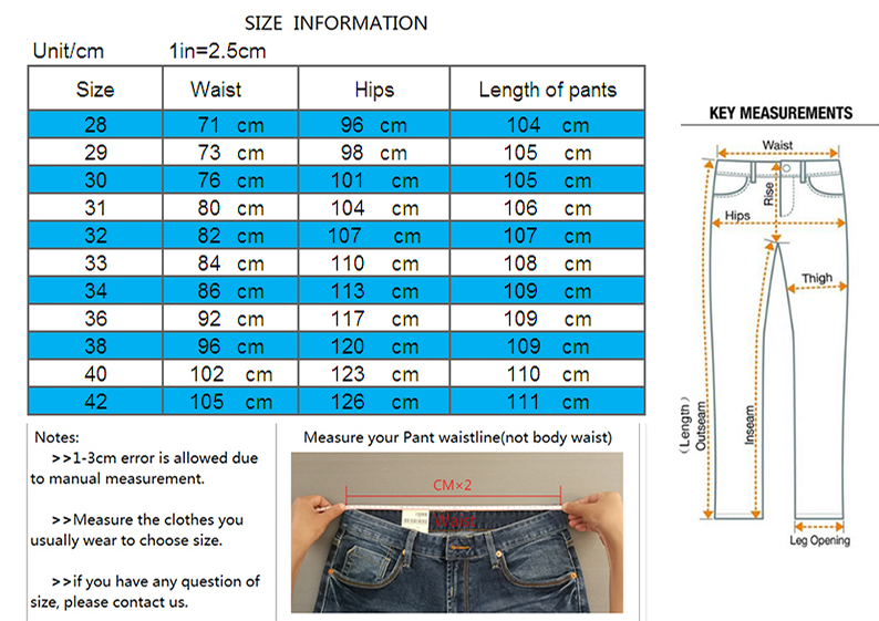 denim jeans size chart