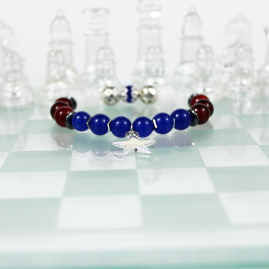 red white blue bead bracelet chess board