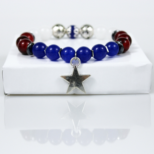 red white blue silver star fourth of july bead bracelet