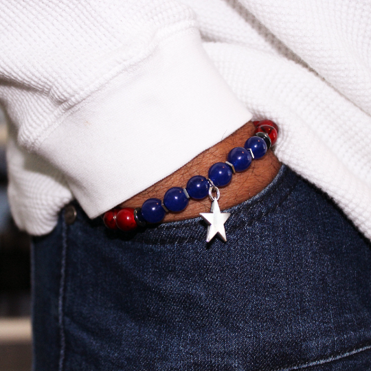 red white blue bead bracelet on wrist