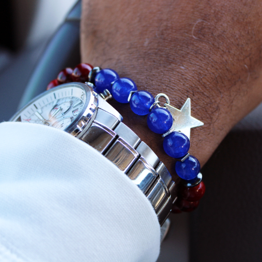 luxury red white blue silver star fourth of july bead bracelet