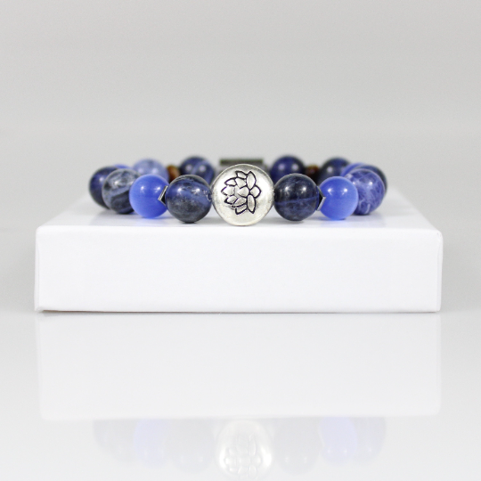 silver lotus flower blue sodalite bead bracelet