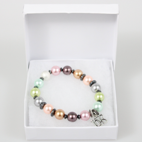 silver love charm pastel color pearl bracelet gift box