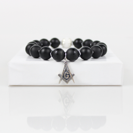 black white masonic compass square charm bead bracelet