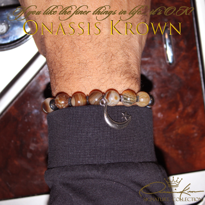 brown stripe agate crescent moon star charm bead bracelet