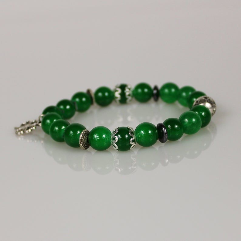 silver four leaf clover green jade bead bracelet