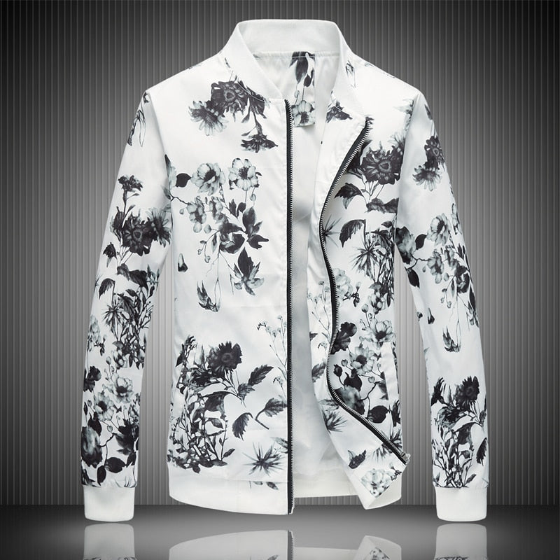 white gray floral print light jacket men