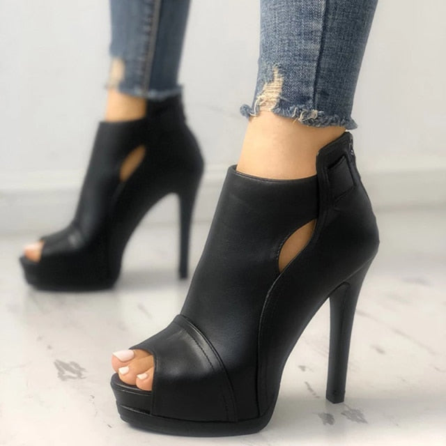 black leather peep toe high heels