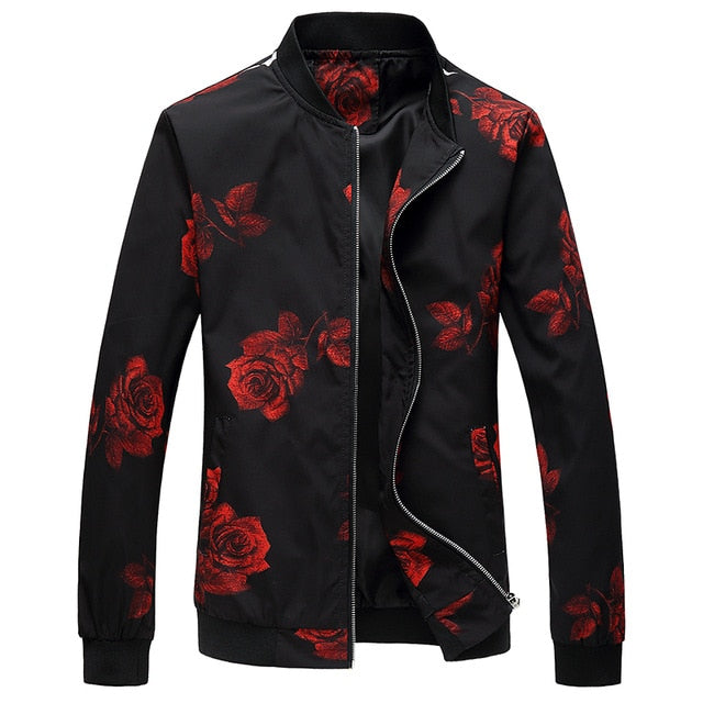 black red roses floral print light jacket men