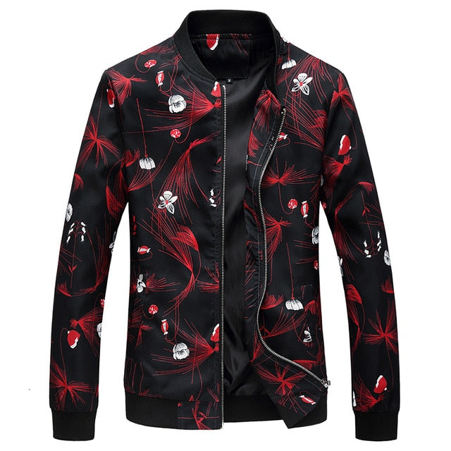 black red floral print light jacket men