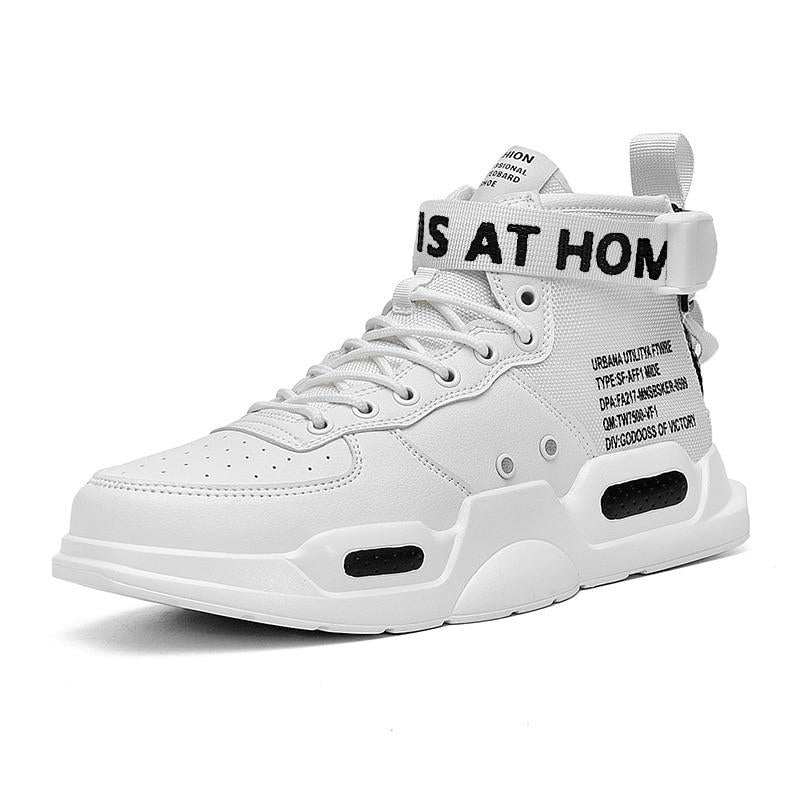 white black lettering high top with strap basketball sneakers