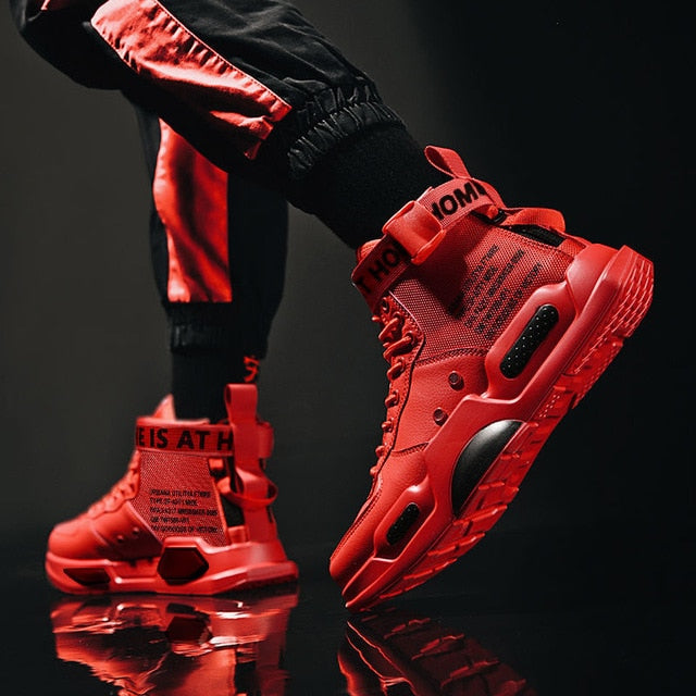 red high top with strap basketball sneakers