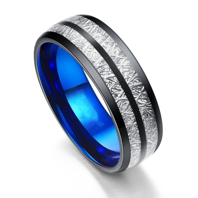 silver meteorite gun metal blue inlay ring
