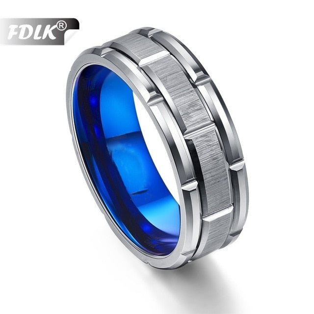 silver rectangular pattern blue inlay ring