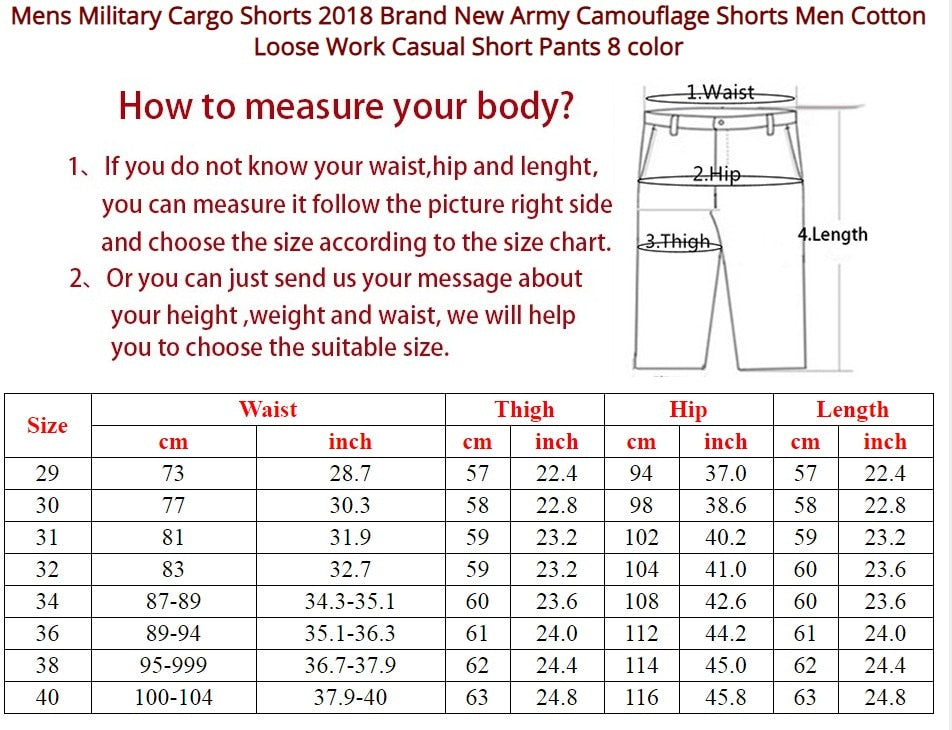 cargo shorts size chart