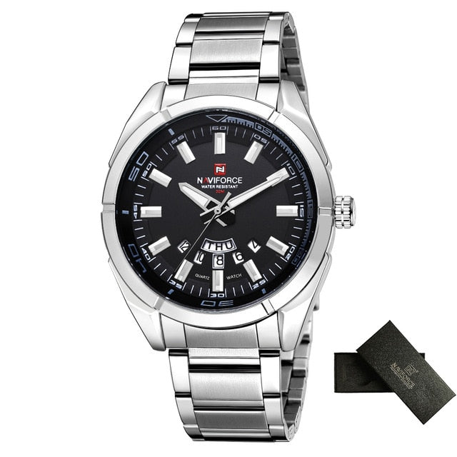 luxury naviforce black face stainless steel chronograph watch men