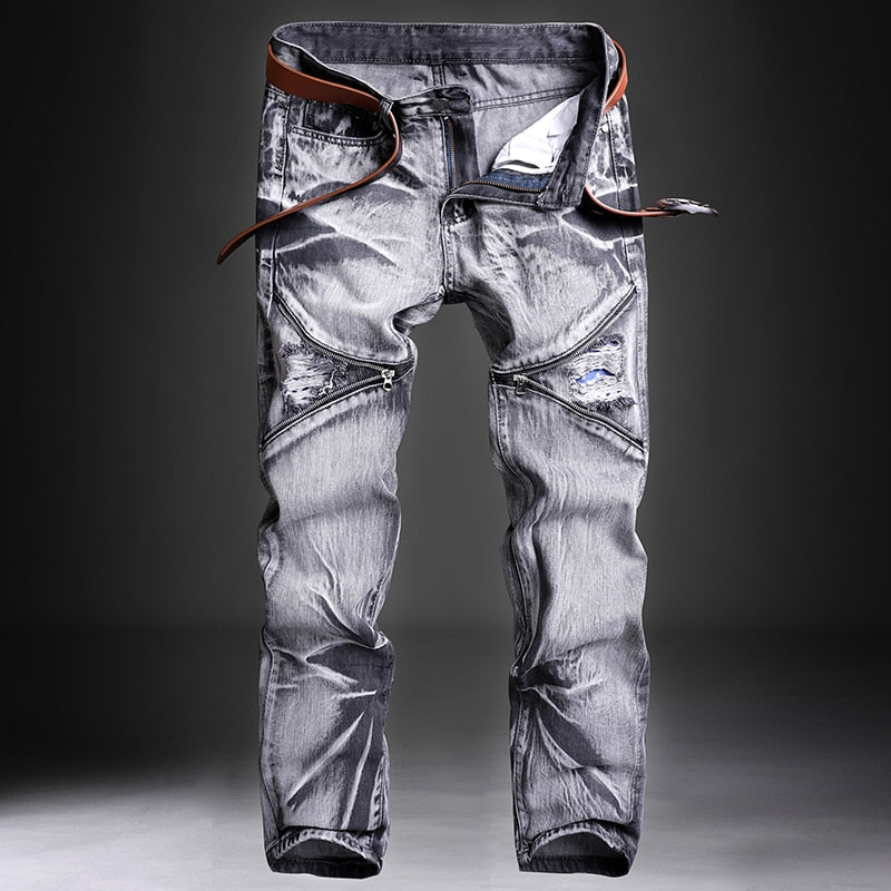 denim zipper style slim fit biker jeans stone washed