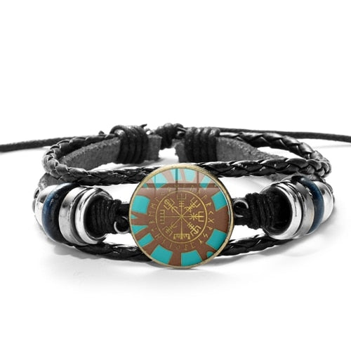 turquoise viking symbol leather bracelet black
