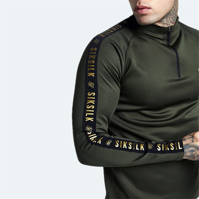 army green black gold sik silk long sleeve zip-up mock neck shirt men black