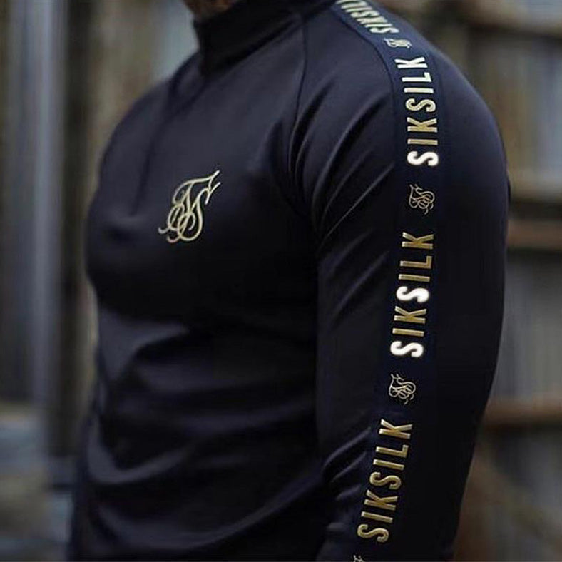 black gold siksilk long sleeve zip-up mock neck shirt men black