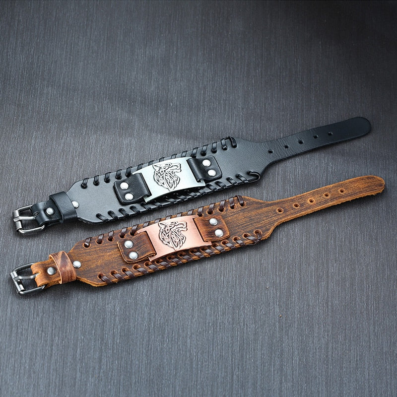 wolf engraved metal plate leather bracelet collection