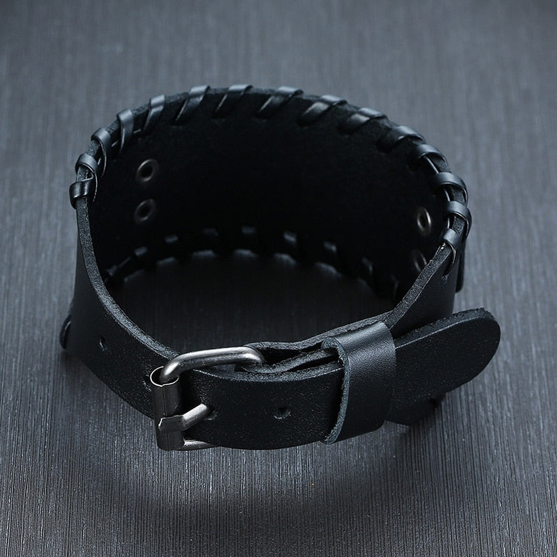 wide viking symbols black leather bracelet