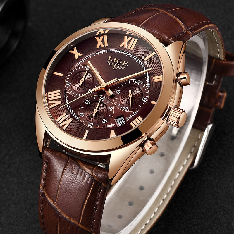 brown leather rose gold watch