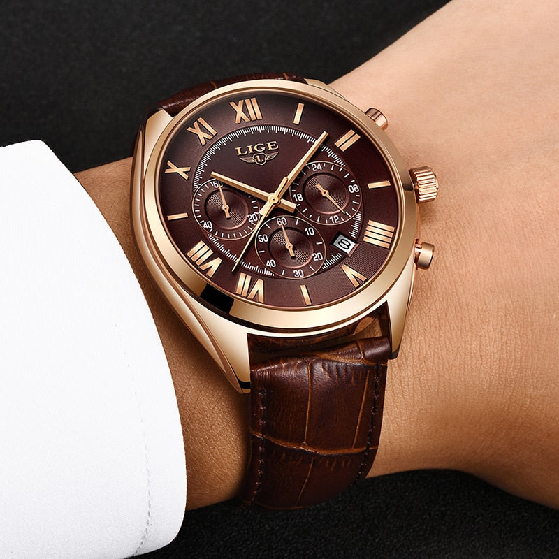 chocolate brown leather rose gold lige watch on wrist