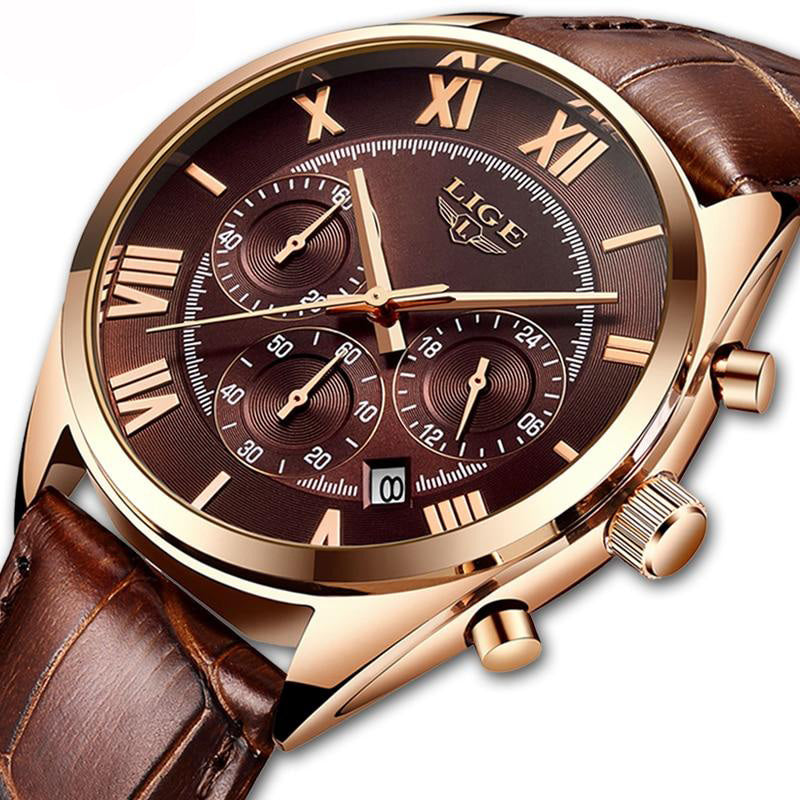 chocolate brown leather rose gold lige watch
