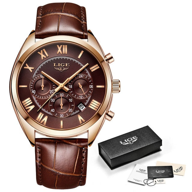 chocolate brown leather rose gold lige watch gift box