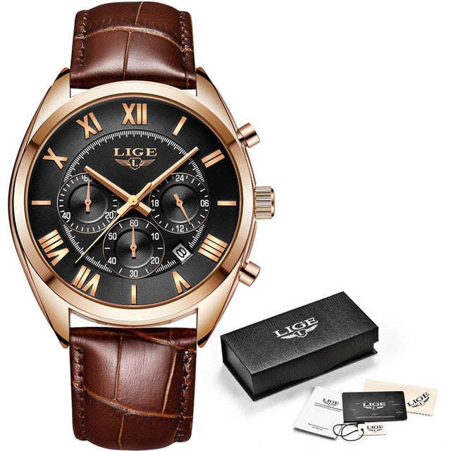 black face chocolate brown leather rose gold lige watch