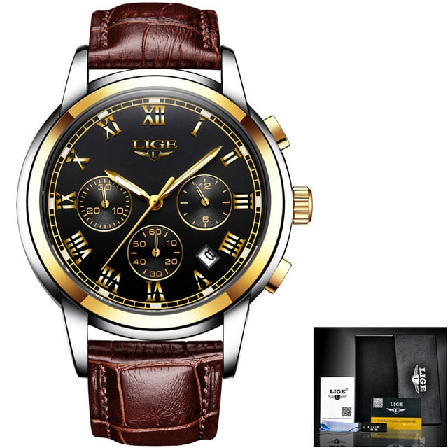 black gold face chocolate brown leather rose gold lige watch