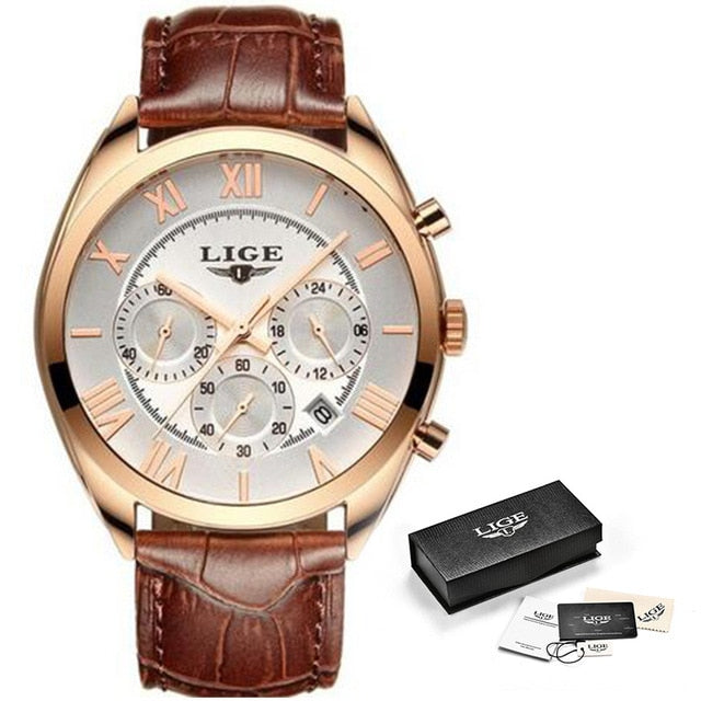 white face chocolate brown leather rose gold lige watch