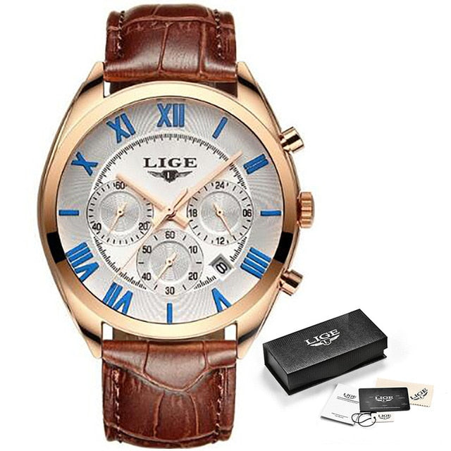 white blue face chocolate brown leather rose gold lige watch