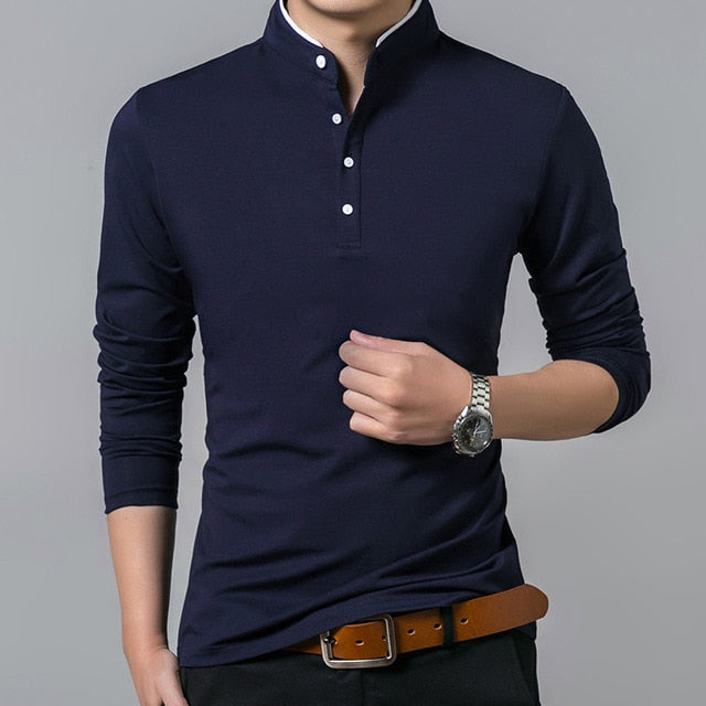 blue mandarin collar button up long sleeve shirt