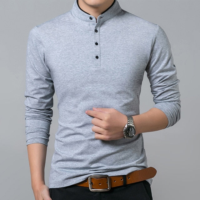 gray mandarin collar button up long sleeve shirt